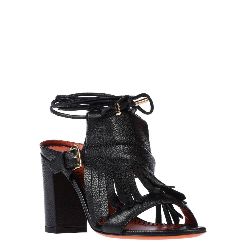 Santoni Black Sandals Fringe Detail Open Toe - Picture 4 of 6